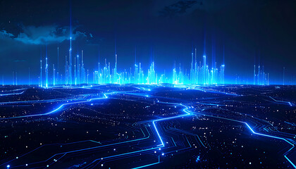 Futuristic cityscape with neon blue energy grids and towers