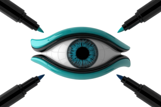 A prominent stylized eye with a bright blue iris, surrounded by four colorful markers, suggesting creativity, design, or visual focus. background removed