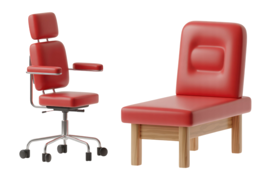 Two distinct red chairs, a modern swivel office chair and a minimalist wooden-legged stationary chair, presented with a 3D rendered style. background removed