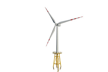 Offshore wind turbine render with three white blades featuring red tips, supported by a yellow jacket foundation, generating clean energy. background removed