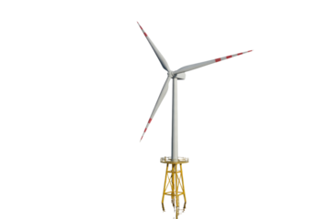 Offshore wind turbine render with three white blades featuring red tips, supported by a yellow jacket foundation, generating clean energy. background removed