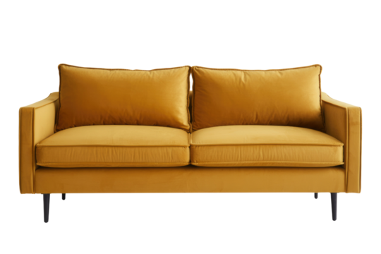 A stylish mustard yellow velvet two-seater sofa with a modern design and slender black legs, perfect for contemporary living spaces. background removed