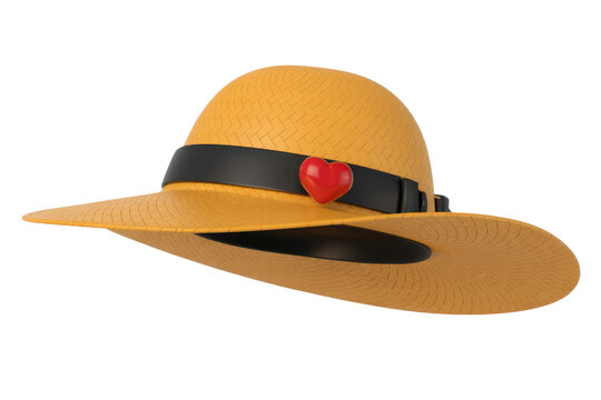 A stylish yellow straw hat features a black band adorned with a charming red heart, perfect for summer fashion or a romantic touch. background removed
