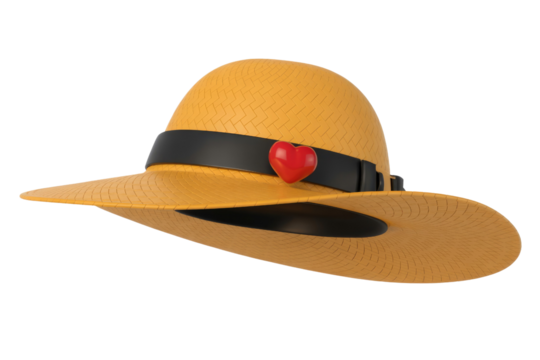 A stylish yellow straw hat features a black band adorned with a charming red heart, perfect for summer fashion or a romantic touch. background removed