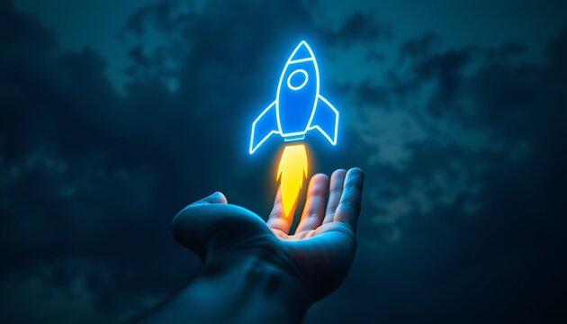 Neon Rocket Ship Ignites from Open Hand Against Dark Cloudy Sky Keywords: rocket, launch, hand, holding, spaceship, space, travel, start, startup