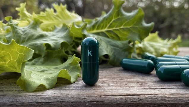 a close-up shot depicts a green vitamin k capsule alongside fresh leafy greens on a weathered wooden surface, suggesting a connection between dietary sources and supplementation.