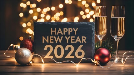 Sparkling celebration happy new year 2026 festive champagne glasses and ornaments