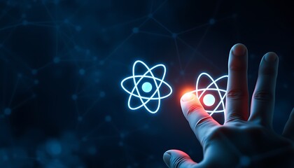 Hand touching glowing atom icons on dark digital network background technology image photo