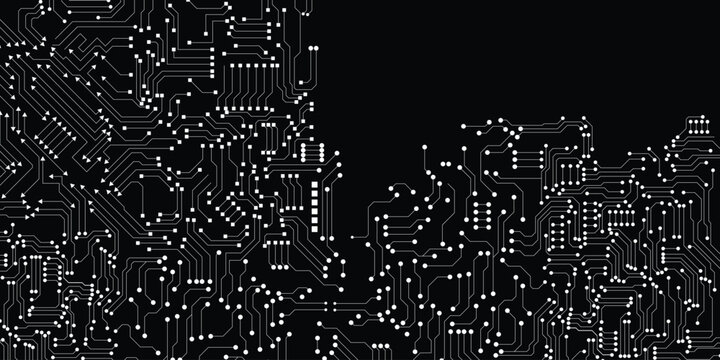 Printed circuit board black and white computer technology seamless pattern, vector