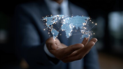 Corporate lawyer using augmented reality to visualize international law connections through digital maps, symbolizing globalization, compliance management, and AI-driven legal insight. cinematic
