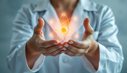 Scientist's Hands Display a Brightly Lit Atom Symbol with Orbital Paths science research