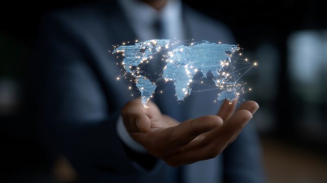 Corporate lawyer using augmented reality to visualize international law connections through digital maps, symbolizing globalization, compliance management, and AI-driven legal insight. cinematic