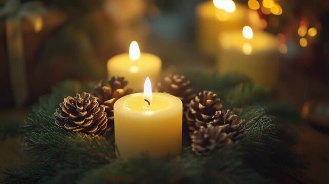 Candle burning in Christmas wreath with pinecones and evergreen branches, cozy holiday atmosphere with warm bokeh and festive light flicker