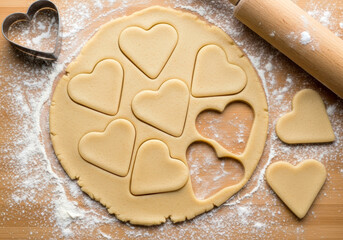 Heart shaped cookies dough being cut out with metal cookie cutter ready for baking