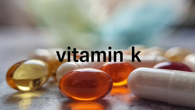 a close-up shot displays various vitamin k supplements, including softgels and capsules, scattered on a textured gray surface with a blurred, colorful background.