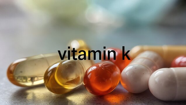 a close-up shot displays several vitamin k capsules and pills scattered on a reflective surface with a blurred, colorful background.