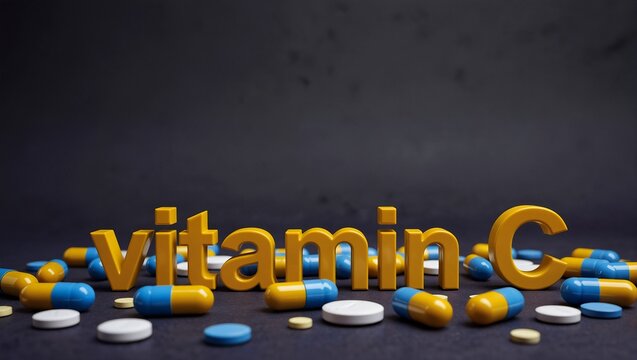 a close-up studio shot depicts the words "vitamin c" spelled out in large, golden 3d letters surrounded by scattered white, blue, and yellow capsules and tablets on a dark surface. - Powered by Adobe