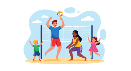 Adobe illustrator artwork vector illustration. A happy family plays volleyball on the beach under a sunny sky, depicting summer fun, teamwork, and active outdoor leisure.