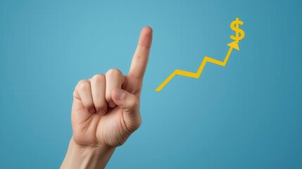 Business growth indicator hand gesture with dollar sign and upward trend on blue background