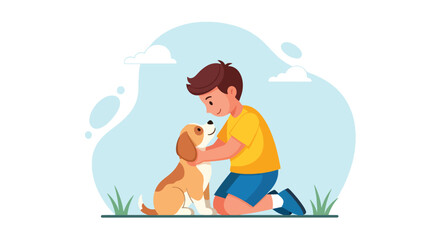 Adobe illustrator artwork vector illustration. A happy little boy lovingly hugs his cute puppy outdoors, illustrating the special bond between children and their pets