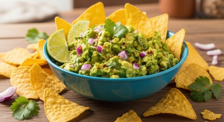 Bowl of Guacamole with Tortilla Chips and Lime, Fresh guacamole in a blue bowl topped with red onions and cilantro, surrounded by tortilla chips and lime slices on wooden table. Concept: Mexican food