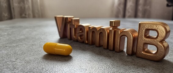 a yellow vitamin b capsule sits beside the words "vitamin b" spelled out in metallic gold lettering on a textured gray surface.