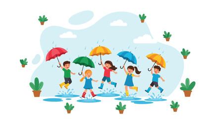 Obraz premium Adobe illustrator artwork vector illustration. Two cheerful children in raincoats and boots jump in puddles with umbrellas, surrounded by potted plants, depicting joyful rainy day play