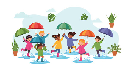Adobe illustrator artwork vector illustration. Two cheerful children in raincoats and boots jump in puddles with umbrellas, surrounded by potted plants, depicting joyful rainy day play