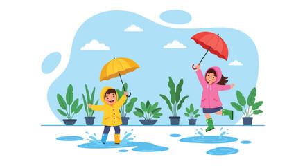 Adobe illustrator artwork vector illustration. Two cheerful children in raincoats and boots jump in puddles with umbrellas, surrounded by potted plants, depicting joyful rainy day play
