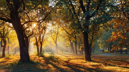 Fototapeta premium Sunlit Orchard with Sunlight Streaming Through Trees in Golden Hour with Dust Motes and Long Shadows on Grassy Ground