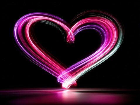 Vibrant neon light heart glowing in darkness, symbolizing passion, energy, and modern love with vivid motion trails in a romantic digital art concept
