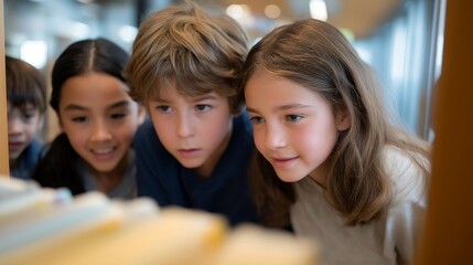 Obraz premium A group of kids plays a scavenger hunt in a library, with clues hidden in books, kids whispering, a librarian guiding, and shelves towering above, depicted in a playful photo with book spines, clue