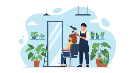 Adobe illustrator artwork vector illustration. A skilled hairdresser blow-dries a happy woman's hair in a salon filled with plants, depicting beauty services and relaxation