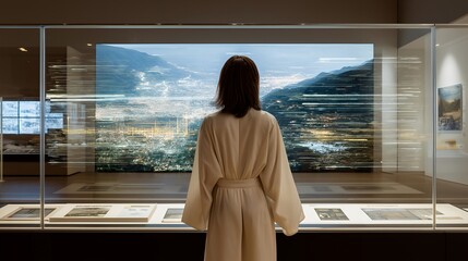 Curator standing in front of a holographic historical timeline explaining evolution of civilization, symbolizing immersive museum education, AI-powered exhibitions, and cultural innovation through
