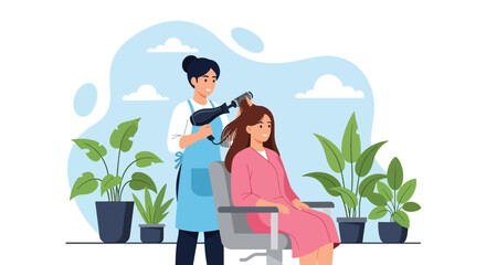 Adobe illustrator artwork vector illustration. A skilled hairdresser blow-dries a happy woman's hair in a salon filled with plants, depicting beauty services and relaxation