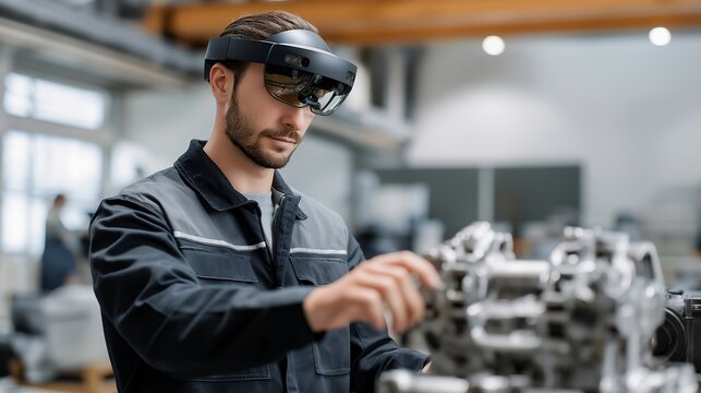 Engineer consulting virtual assistant through augmented reality headset while repairing machinery, symbolizing industrial AI, real-time diagnostics, and smart manufacturing assistance. cinematic
