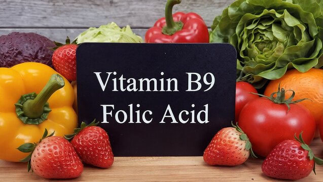a still life featuring vibrant fruits and vegetables surrounding a chalkboard displaying "vitamin b9 folic acid" on a rustic wooden surface.