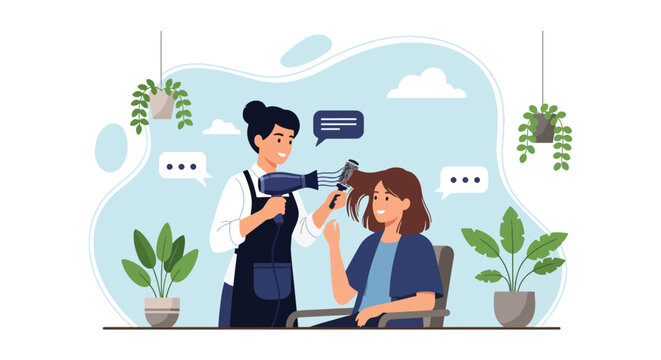 Adobe illustrator artwork vector illustration. A skilled hairdresser blow-dries a happy woman's hair in a salon filled with plants, depicting beauty services and relaxation