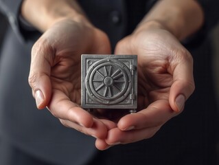 Security action handing over a vintage safe box indoor setting artistic perspective trust and value concept