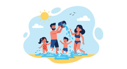 Adobe illustrator artwork vector illustration. A joyful family splashes and plays with water at the beach under the summer sun, depicting fun, togetherness, and vacation memories