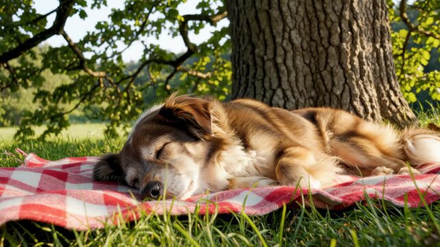 Border Collie Dog Sleeping Peacefully Under Tree on Red Picnic Blanket