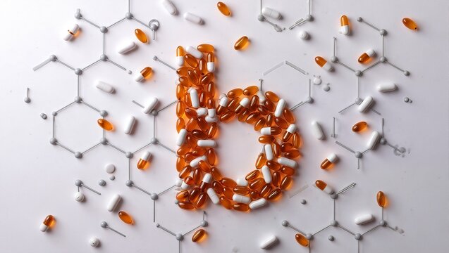 a flat lay composition of vitamin b complex capsules and a molecular structure design scattered across a white background.