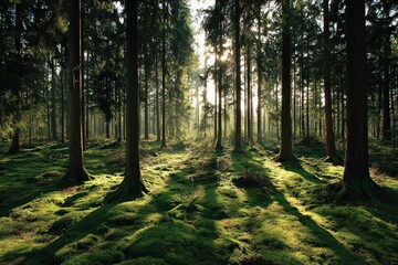 Obraz premium Sunlight filtering through forest trees creating shadows and light on mossy ground in natural environment