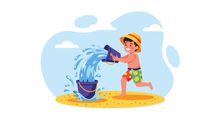 Adobe illustrator artwork vector illustration. A joyful little boy in red shorts splashes water from a blue bucket at the beach, embodying summer fun and playful childhood