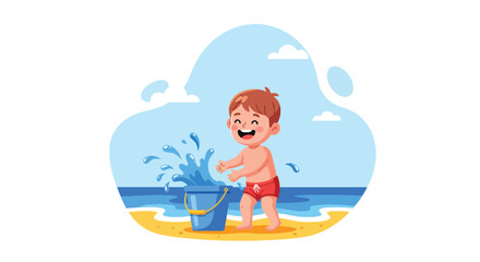 Adobe illustrator artwork vector illustration. A joyful little boy in red shorts splashes water from a blue bucket at the beach, embodying summer fun and playful childhood