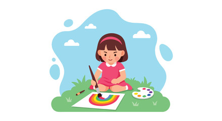 Adobe illustrator artwork vector illustration. A cheerful little girl with pigtails paints a vibrant rainbow on an easel outdoors, showcasing artistic creativity and childhood joy