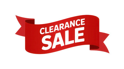 Bold red ribbon banner announcing a significant clearance sale event isolated on transparent background