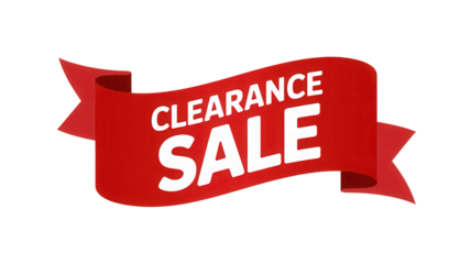 Bold red ribbon banner announcing a significant clearance sale event isolated on transparent background