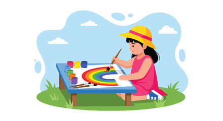 Adobe illustrator artwork vector illustration. A cheerful little girl with pigtails paints a vibrant rainbow on an easel outdoors, showcasing artistic creativity and childhood joy