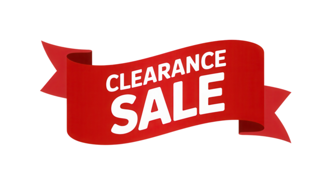 Bold red ribbon banner announcing a significant clearance sale event isolated on transparent background